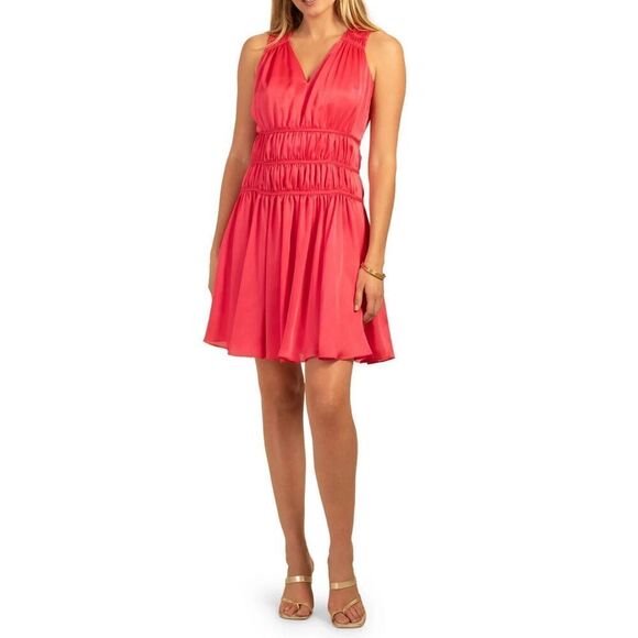 Trina Turk 'Islander' Georgette Shirred Satin Sleeveless Dress in Watermelon 14 - Picture 1 of 11
